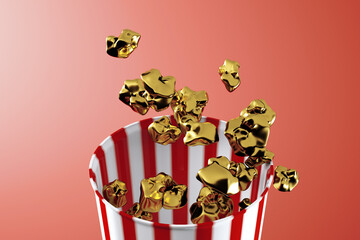 3d render of monochrome yellow popcorn box. Levitation food. Cinema snack concept 
