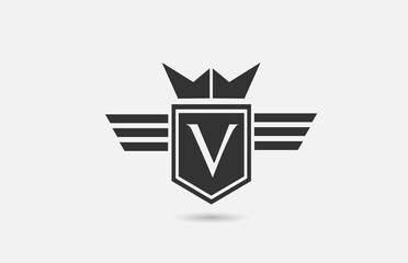 V alphabet letter logo icon for company in black and white. Creative badge design with king crown wings and shield for business and corporate