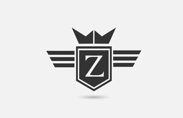 Z alphabet letter logo icon for company in black and white. Creative badge design with king crown wings and shield for business and corporate
