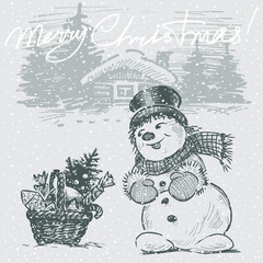 Christmas card of drawn cheerful snowman with gifts basket
