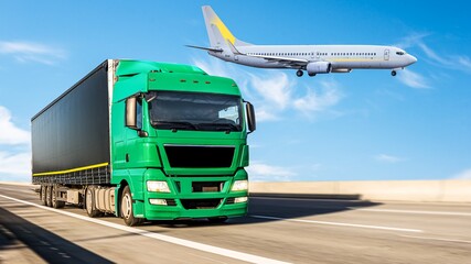 The plane is landing flying over the road with a truck . Logistics and transportation