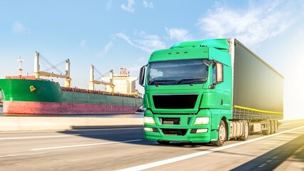 Freight shipping container on the way to port . Logistics and transportation