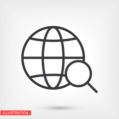 Globe magnifier black vector icon line linear style on the background. Best icon 10 eps illustration