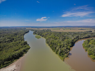 Drava and Mura, Murau Rivers delta, estuary near Legrad in Croatia And Ortilos in Hungary, aerial view wild europe nature