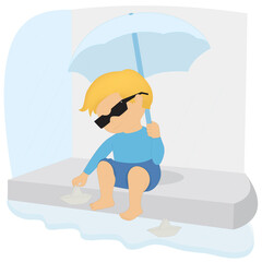 Boy holding an umbrella and looking at a paper boat