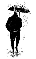 Vector drawing of abstract silhouette townsman walking under umbrella in rain