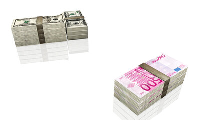 Bundles of American ten dollar bills and five hundred Euro banknotes