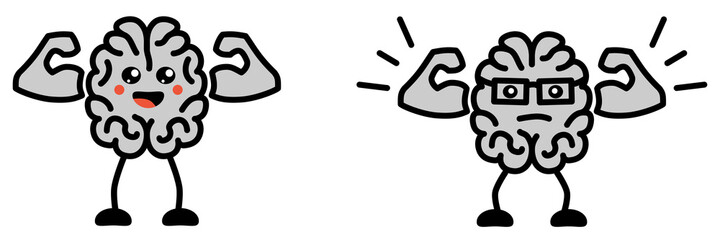 Cute kawaii style brain flexing muscles - brainpower or healthy neural system concept