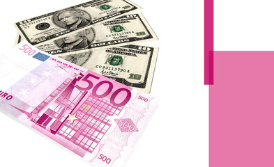 Close-up of a five hundred Euro bank note and American ten dollar bills