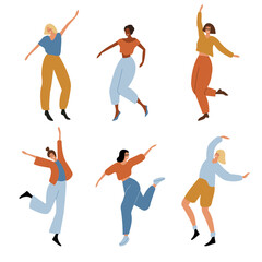 Group of smiling dancing girls. Young happy female dancers party. Women dancing. Isolated on white background. Cartoon flat style vector illustration