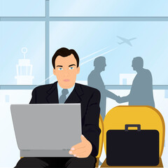 Portrait of a businessman sitting in an airport in front of a laptop
