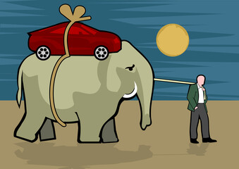 Man walking with an elephant with a car on top of it
