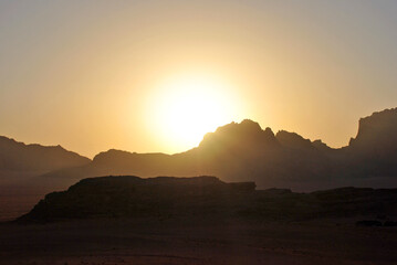 Sunset over the sandstone rocks in Wadi Rum, Jordan