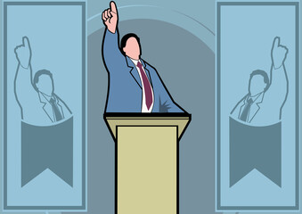 Businessman standing at a podium with his arm raised