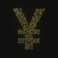 High resolution yen symbol made of molded golden lines. 3d rendering