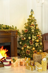 New year. Colorful Christmas fir-tree, golden christmas decorati