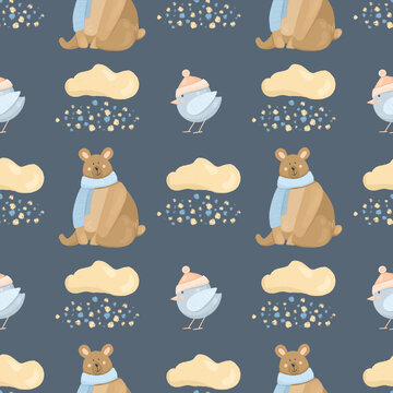 Seamless pattern with cute winter birds and bears, hand drawn on a dark blue background