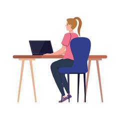 Fototapeta na wymiar woman cartoon with laptop at desk working design of Work from home theme Vector illustration