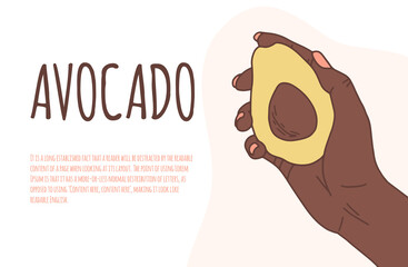 African Hand holds a avocado on an isolated background vector banner. Proper nutrition, vegan. Eco-product. Avocado in hand Stylish flat cartoon vector illustration with copy space for text