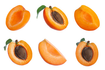 Set of cut ripe apricots on white background
