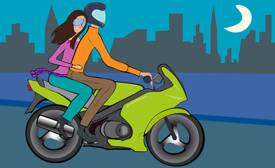 Naklejka na ściany i meble Side profile of a man and a woman riding on a motorcycle