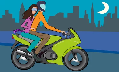 Foto op Plexiglas Zijprofiel van een man en een vrouw die op een motorfiets rijden © VisualEyze