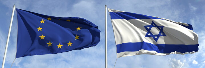 Waving flags of the European Union and Israel on flagpoles, 3d rendering