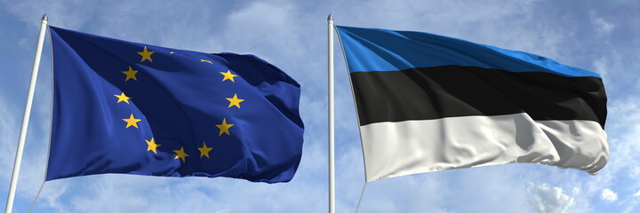 Flying flags of the European Union and Estonia on sky background, 3d rendering
