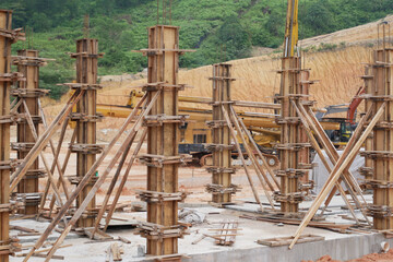 KUALA LUMPUR, MALAYSIA -SEPTEMBER 19, 2020: Column timber form work and reinforcement bar at the...