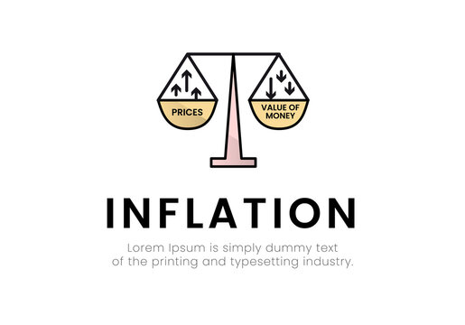 Finance. Vector illustration logo inflation. Scales with bowls, on which the words price with up arrows, value of money with down arrows, the inscription inflation