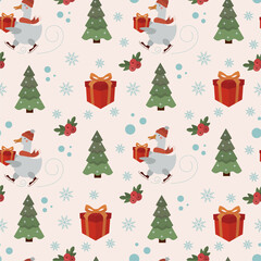 Vector seamless pattern with a goose in the red hat and scarf carrying a gift and skating near the Christmas tree with snowflakes. For Christmas decorations.