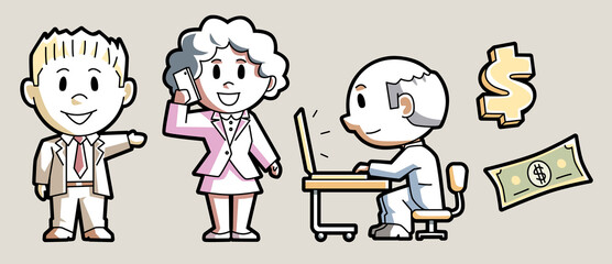 Set of cartoon business people and office workers with dollar sign and money