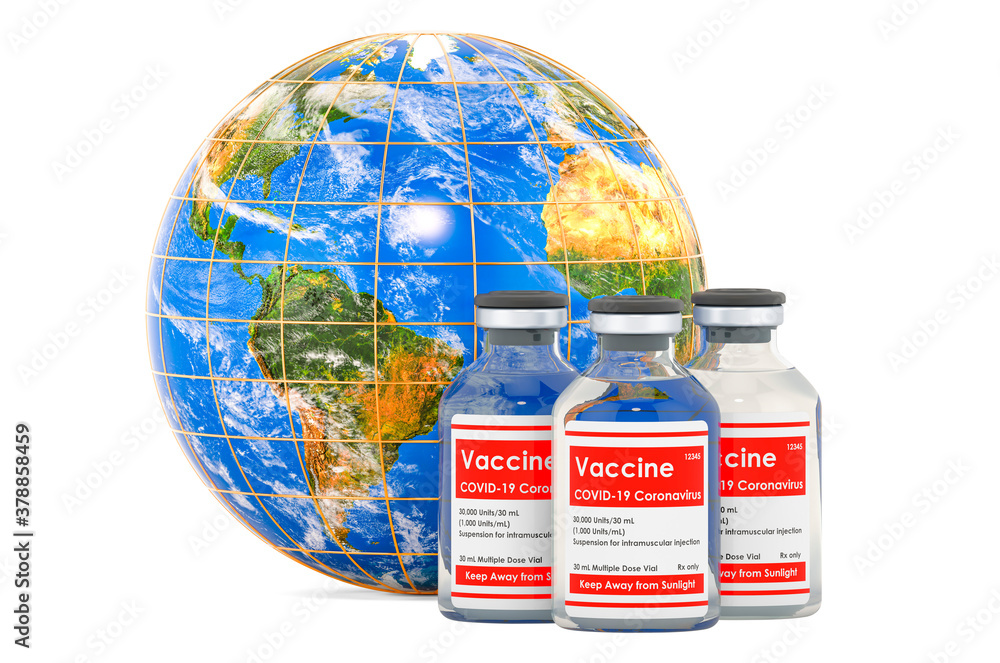 Poster earth globe with vaccine bottles. 3d rendering