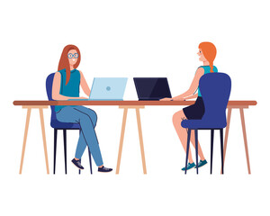 Fototapeta premium women cartoons with laptops at desk working design of Work from home theme Vector illustration
