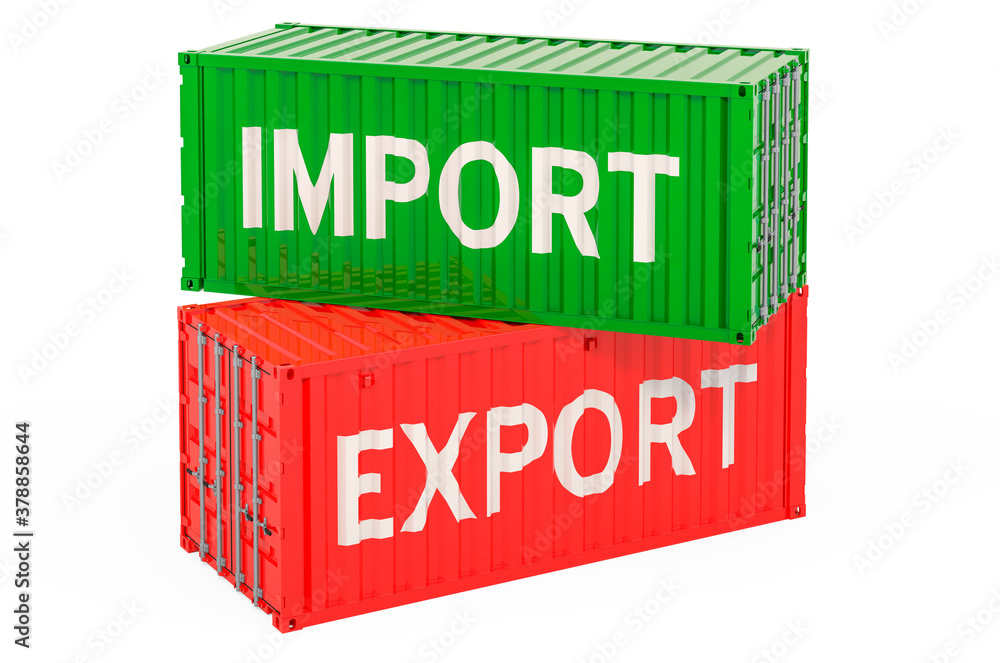 Poster import and export concept, with cargo containers. 3d rendering