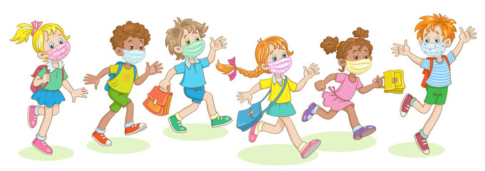 Children of different nationalities run to school in protective medical masks. Coronavirus epidemic concept. In cartoon style. Isolated on white background. Vector illustration.