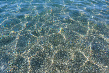 Abstract background of transparent sea water on the rocky beach with ripples and highlights of light.