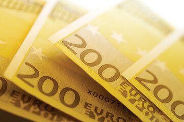 Close-up of two hundred Euro banknotes