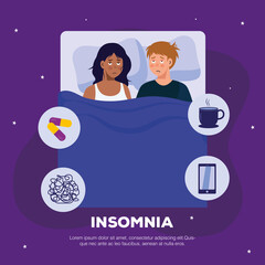 woman and man with insomnia in bed design, sleep and night theme Vector illustration
