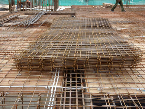 KUALA LUMPUR, MALAYSIA -SEPTEMBER 18, 2020: BRC welded wire mesh or BRC fabric used as part of the main structural component in-floor slab structure element in the construction site. Comes in various 