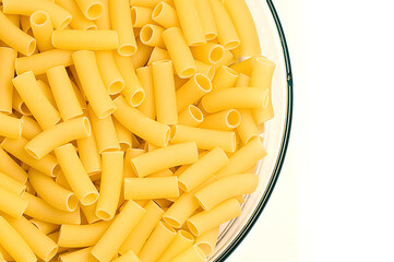 High angle view of a bowl of raw rigatoni