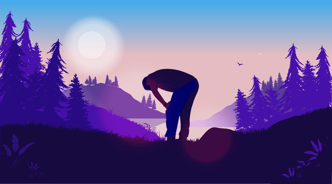 Exhausted jogger - Out of shape man catching his breath while exercising outdoors in open landscape. Getting in shape, working out and exercise concept. Vector illustration.