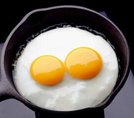 Close-up of two eggs cooking in a frying pan