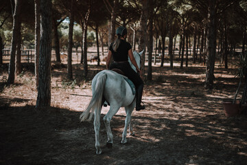 Caballo español en una hipica en andalucia con su Jinete Amazona montandolo con sus riendas y...