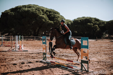 Caballo español en una hipica en andalucia con su Jinete Amazona montandolo con sus riendas y...
