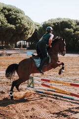 Caballo español en una hipica en andalucia con su Jinete Amazona montandolo con sus riendas y...