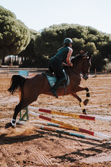 Caballo español en una hipica en andalucia con su Jinete Amazona montandolo con sus riendas y...