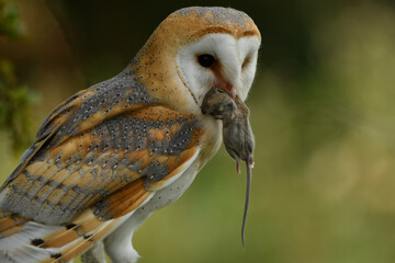 Beauty wild barn owl portrait with prey