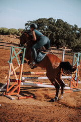 Caballo español en una hipica en andalucia con su Jinete Amazona montandolo con sus riendas y...