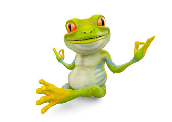 little frog cartoon is doing yoga and smiling